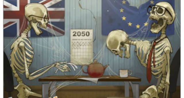 Charge de dois esqueletos e bandeiras do Reino Unido e União Europeia