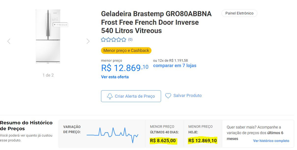 A imagem mostra geladeira que nesta Black Friday teve preço inflado em quase 50% em período de Black Friday. Fonte: Buscapé.com
