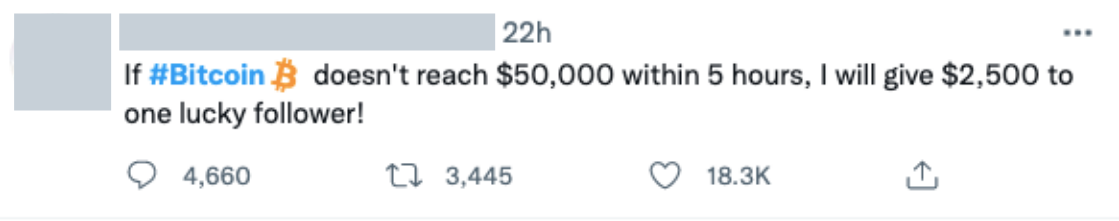 Se o Bitcoin não atingir US$ 50 mil em 5 horas, eu vou dar US$ 2.500 para um seguidor sortudo!