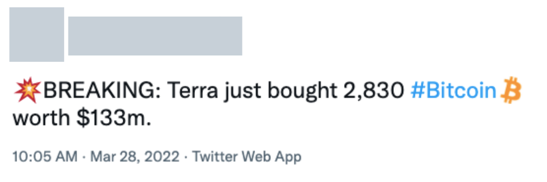 URGENTE: O projeto Terra acaba de comprar 2.830 bitcoins valendo US$ 133 milhões.