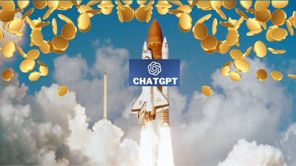 foguete com logo do ChatGPT cercado por moedas