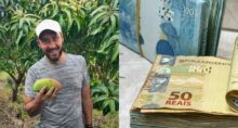 Trader Fabricio Lodi ao lado de uma pilha de dinheiro (notas de 50 e 100 reais)