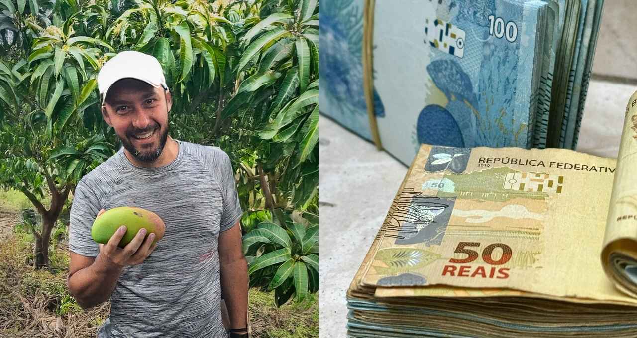 Trader Fabricio Lodi ao lado de uma pilha de dinheiro (notas de 50 e 100 reais)