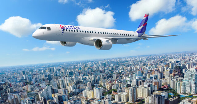 Arte com avião da Embraer nos céus de São Paulo