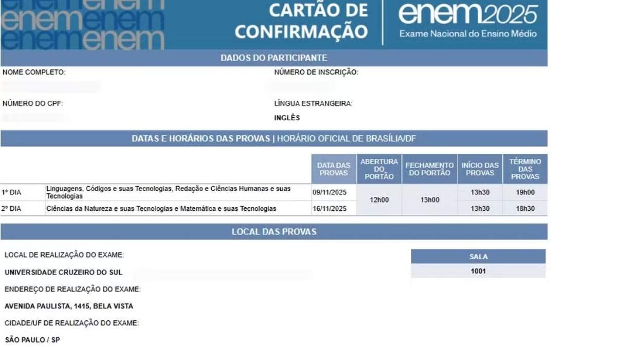 Cartão de confirmação do Enem 2025 — Foto Reprodução