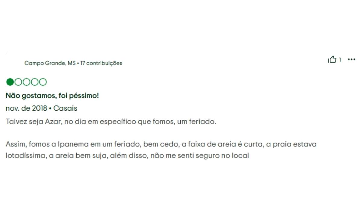 Reclamação sobre a praia de Ipanema - Reprodução TripAdvisor