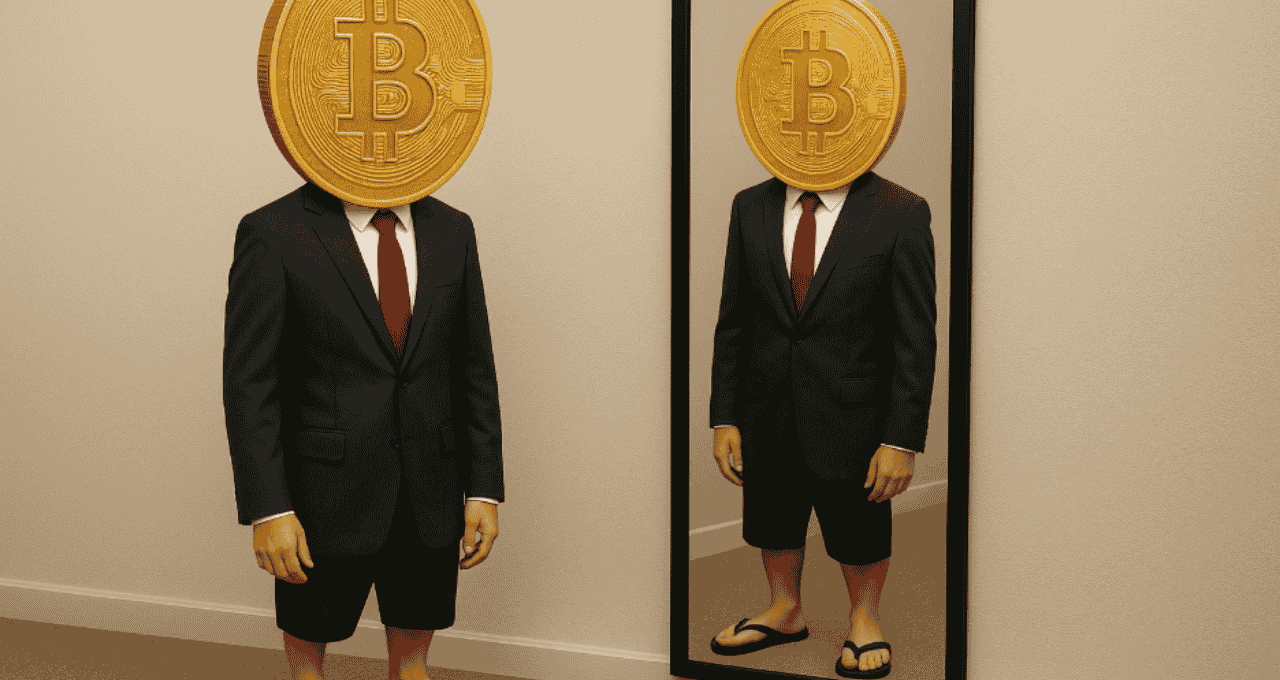 Bitcoin (BTC) de terno, gravata — mas inda de chinelos. (Imagem ChatGPT)