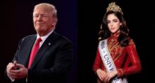 Ao lado esquerdo, o presidente dos EUA Donald Trump e antigo dono do Miss Universo. Ao lado direito, a ganhadora do Miss Universo de 2025, Fátima Bosch - Imagem: Montagem Seu Dinheiro/Reprodução