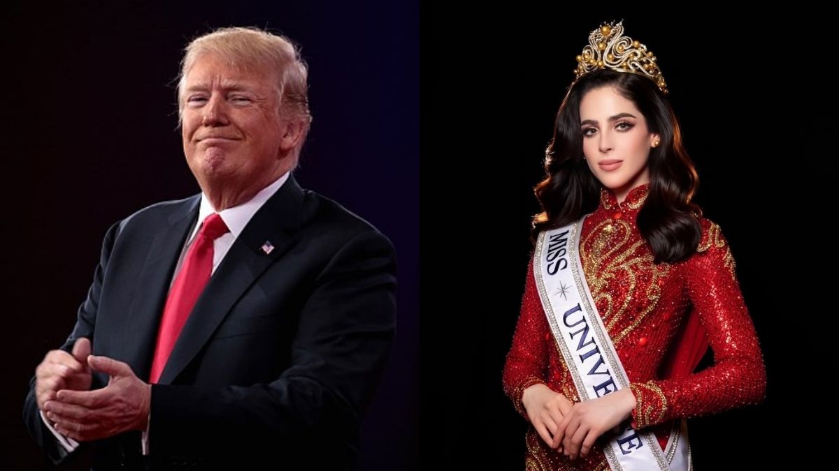 Ao lado esquerdo, o presidente dos EUA Donald Trump e antigo dono do Miss Universo. Ao lado direito, a ganhadora do Miss Universo de 2025, Fátima Bosch - Imagem: Montagem Seu Dinheiro/Reprodução