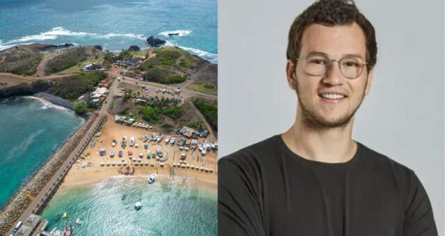 Henrique Dubugras, co-fundador do Brex, à direita. Ao lado, uma imagem da ilha de Fernando de Noronha