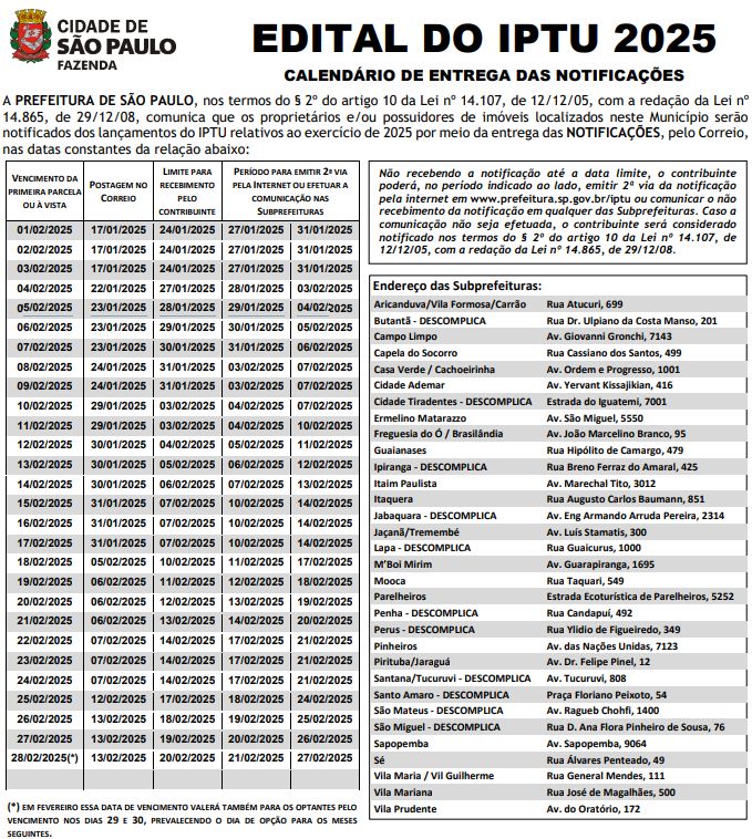Calendário IPTU 2026