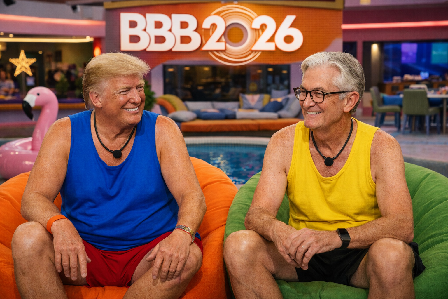 Donald Trump e Jerome Powell no BBB2026 (Imagem gerada pela inteligência artificial ChatGPT).