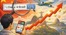 Alta nas buscas por voos da China ao Brasil após isenção de visto. Imagem gerada por IA