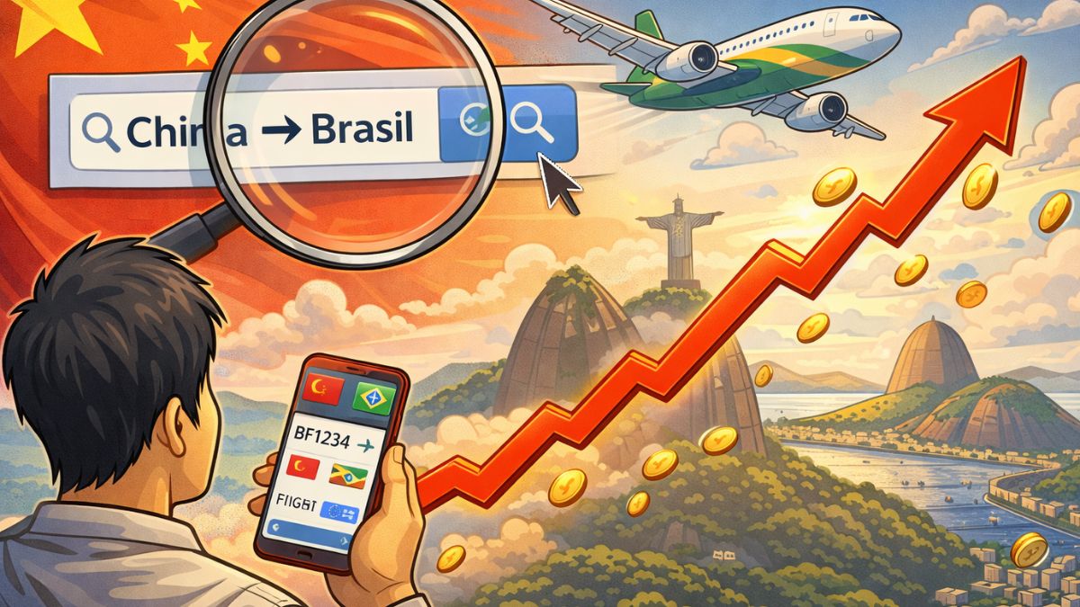 Alta nas buscas por voos da China ao Brasil após isenção de visto. Imagem gerada por IA