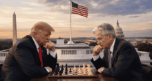 Donald Trump e Jerome Powell jogando xadrez. (Imagem gerada a partir de inteligência artificial OpenAI)