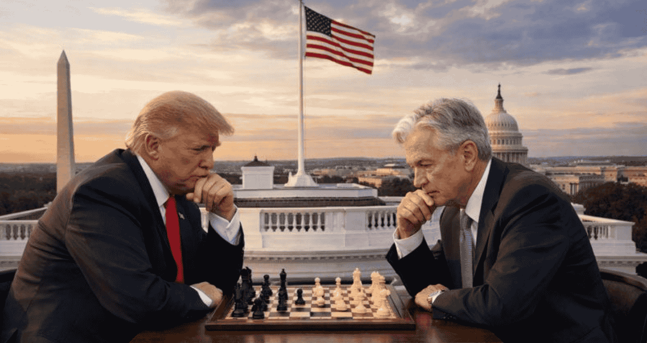 Donald Trump e Jerome Powell jogando xadrez. (Imagem gerada a partir de inteligência artificial OpenAI)
