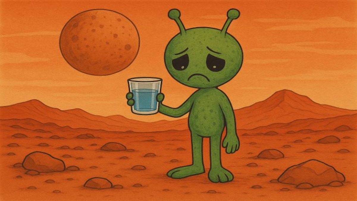 Suposto habitante de Marte com um copo de água na mão.
