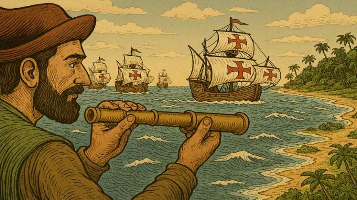 Caravelas portuguesas se aproximam do litoral do Brasil.