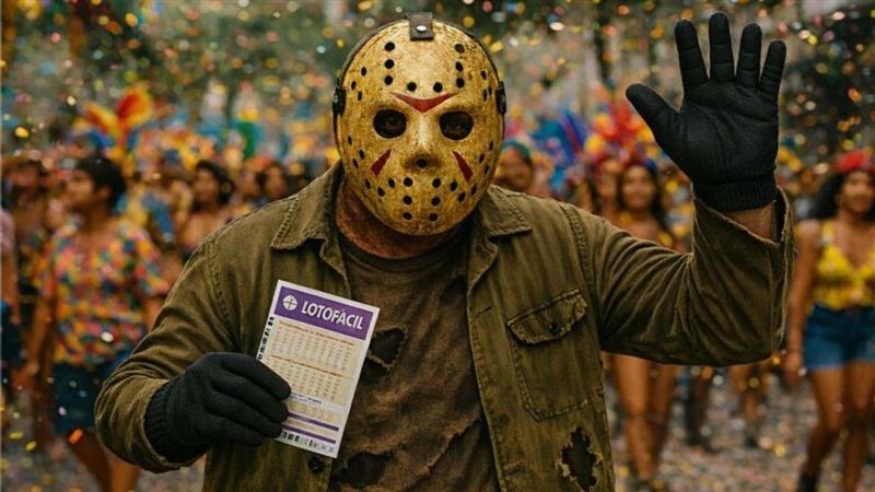 Homem fantasiado como o personagem Jason, do filme 'Sexta-feira 13', comemora prêmio da Lotofácil no Carnaval.