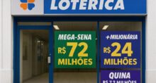 Prêmios da Mega-Sena, da Quina e da +Milionária exibidos em fachada de casa lotérica.