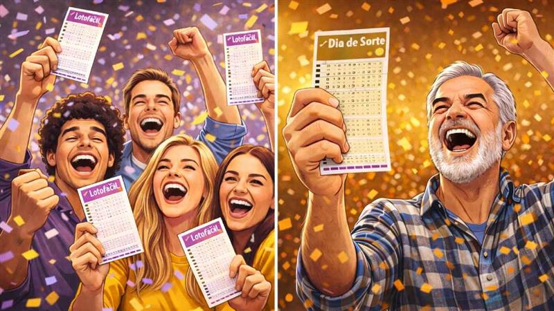 Vencedores comemoram prêmios da Lotofácil e da Dia de Sorte.