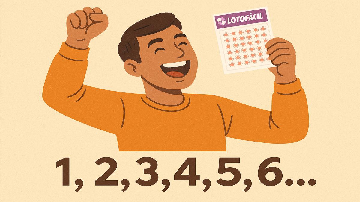 Ganhador comemora com bilhete de Lotofácil na mão.