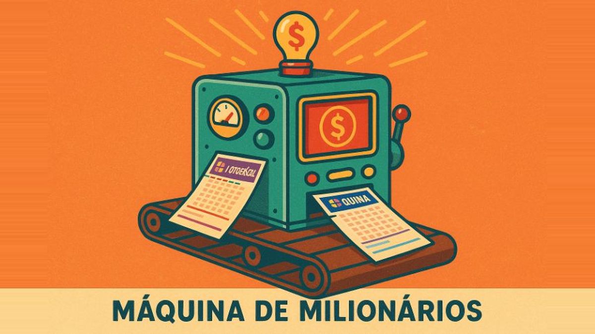 Máquina de milionários expele bilhetes premiados da Lotofácil e da Quina.