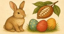 Imagem mostra coelhinho da Páscoa, ovos de chocolate e um cacau.