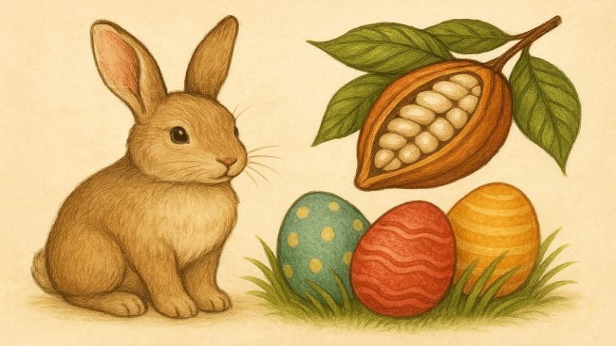 Imagem mostra coelhinho da Páscoa, ovos de chocolate e um cacau.