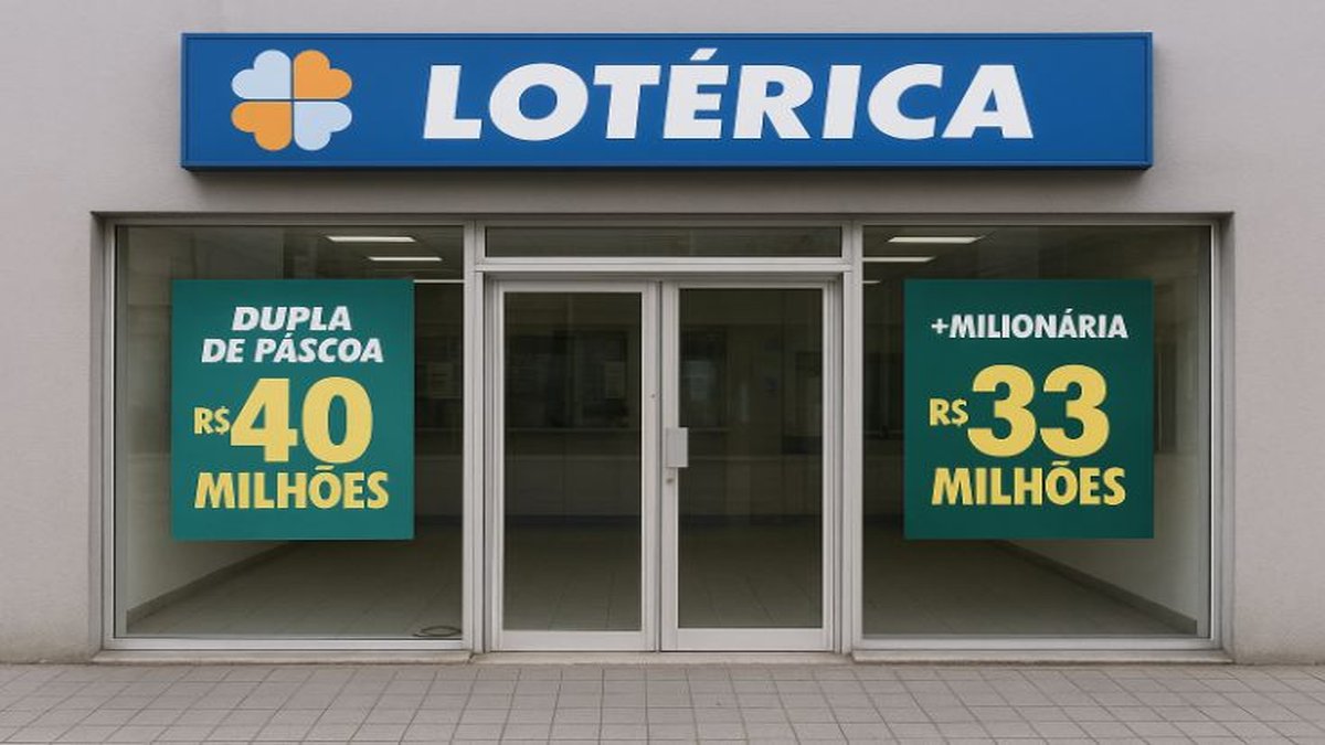 Fachada de casa lotérica apresenta os prêmios mais altos da semana, sem a Mega-Sena.
