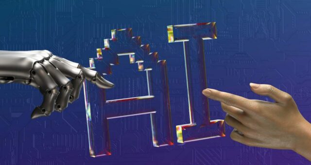 mão robótica e mão de humano quase se tocando, com AI escrito no meio