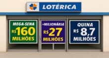 Fachada de casa lotérica com os maiores prêmios das loterias desta semana. Destaque para a Mega-Sena.