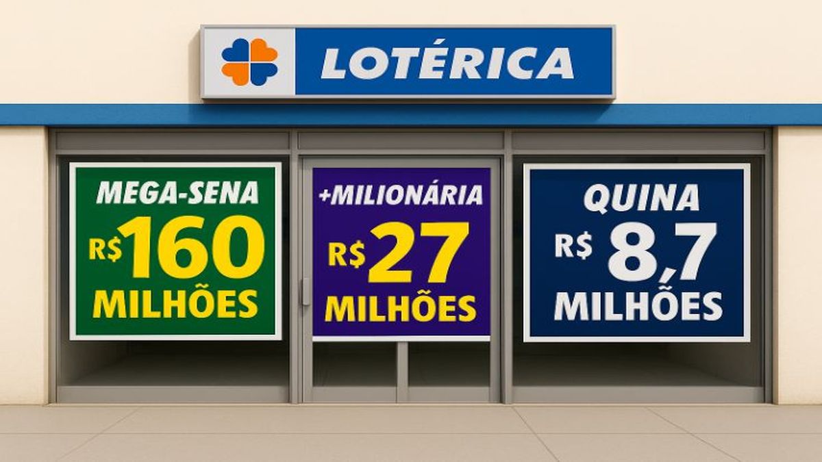 Fachada de casa lotérica com os maiores prêmios das loterias desta semana. Destaque para a Mega-Sena.