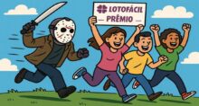 Personagem Jason, do filme Sexta-Feira 13, corre atrás dos ganhadores da Lotofácil. Ilustração gerada por IA.