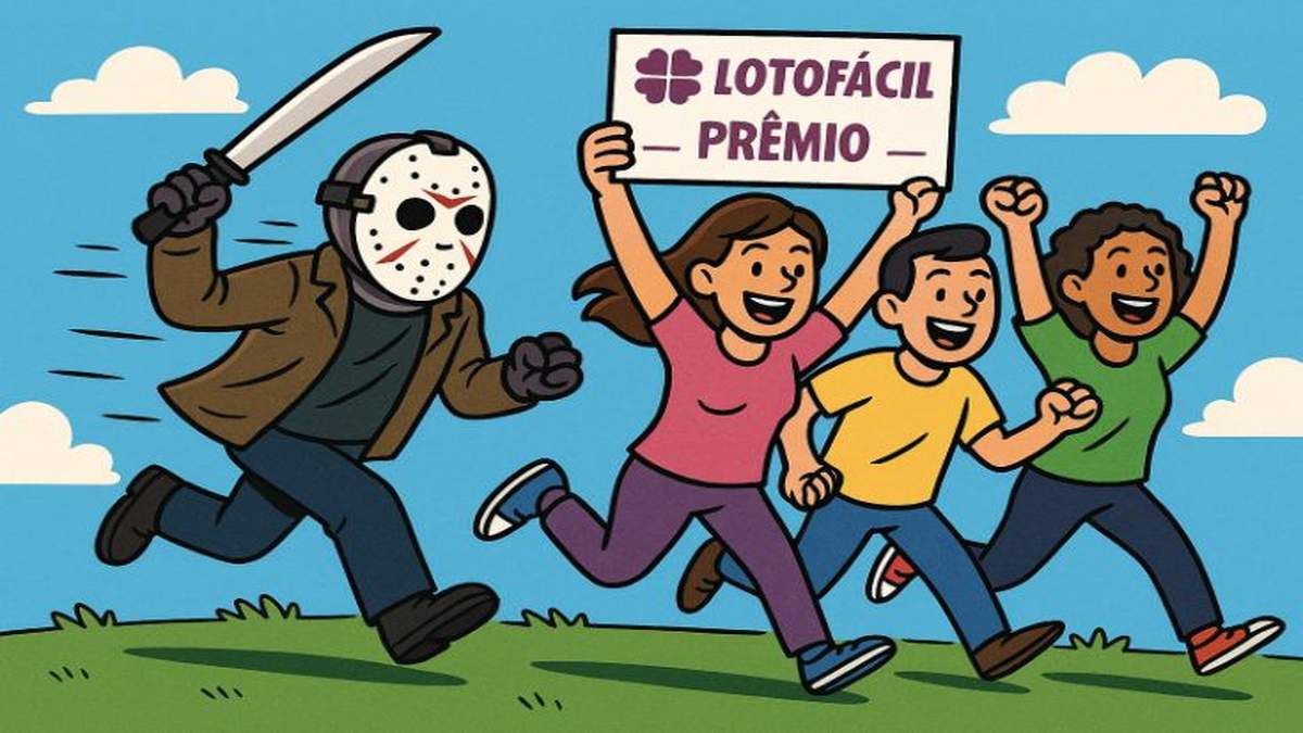 Personagem Jason, do filme Sexta-Feira 13, corre atrás dos ganhadores da Lotofácil. Ilustração gerada por IA.