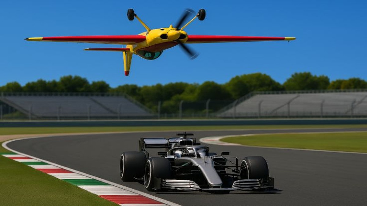 Avião voa de cabeça para baixo sobre carro de Fórmula 1.