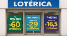 Fachada de casa lotérica exibe os prêmios acumulados na Mega-Sena, na +Milionária e na Quina.