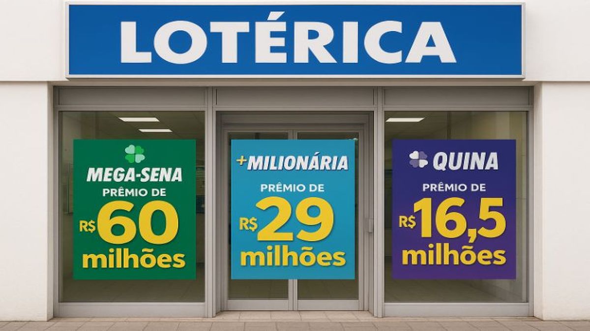 Fachada de casa lotérica exibe os prêmios acumulados na Mega-Sena, na +Milionária e na Quina.