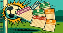 Loterias batem na trave. Imagem mostra bilhetes da Lotofácil, da Quina, da +Milionária, da Dupla Sena, da Lotomania e da Super Sete saindo de dentro de uma bola de futebol.