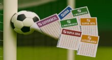 Loterias batem na trave. Imagem mostra bilhetes da Lotofácil, da Quina, da +Milionária, da Dupla Sena, da Lotomania e da Super Sete saindo de dentro de uma bola de futebol.
