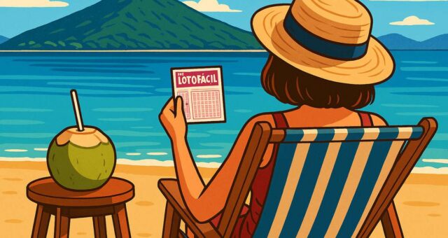 Mulher na praia com bilhete de lotofácil na mão.