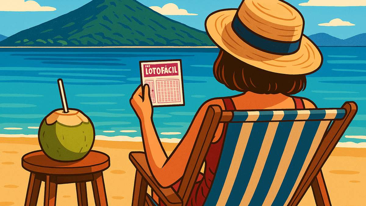 Mulher na praia com bilhete de lotofácil na mão.