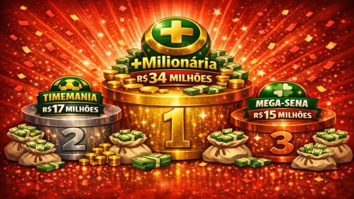 Pódio dos prêmios estimados para as loterias da Caixa neste início de semana. Ilustração gerada por IA.