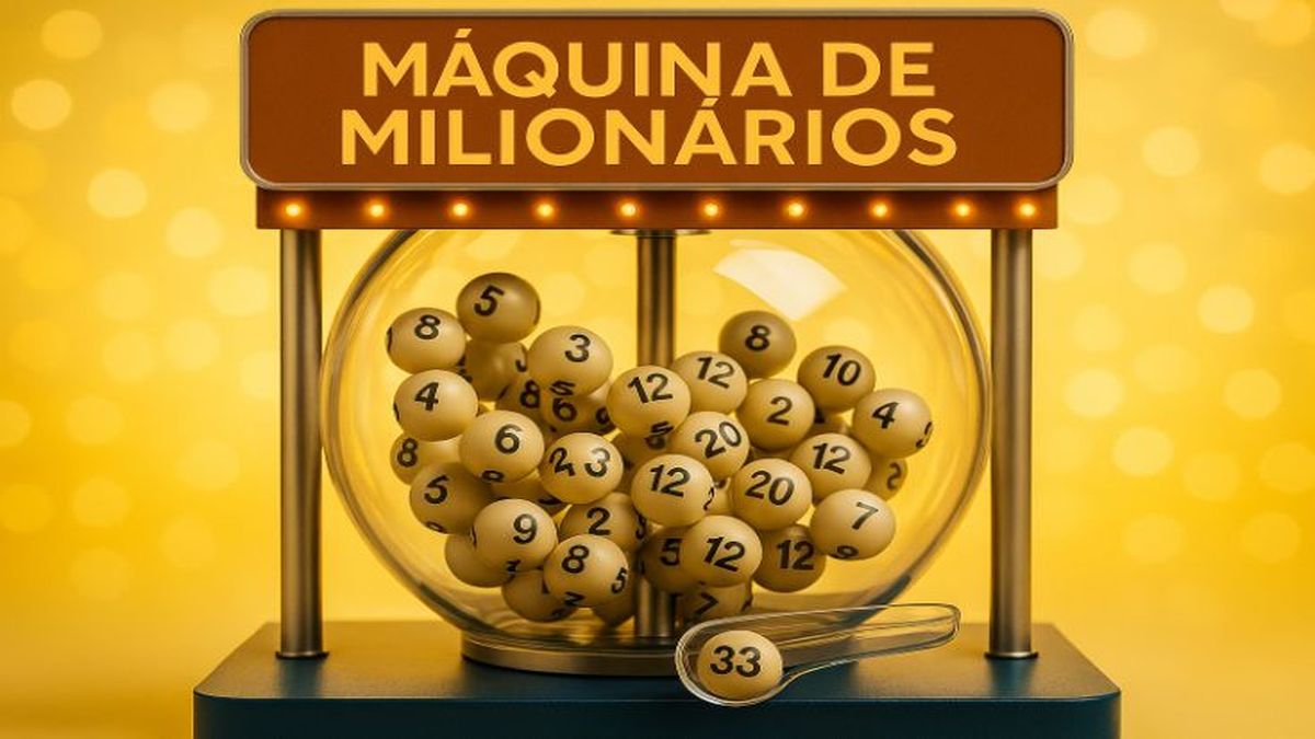 Máquina de milionários com bolas de loteria dentro de um globo de vidro.