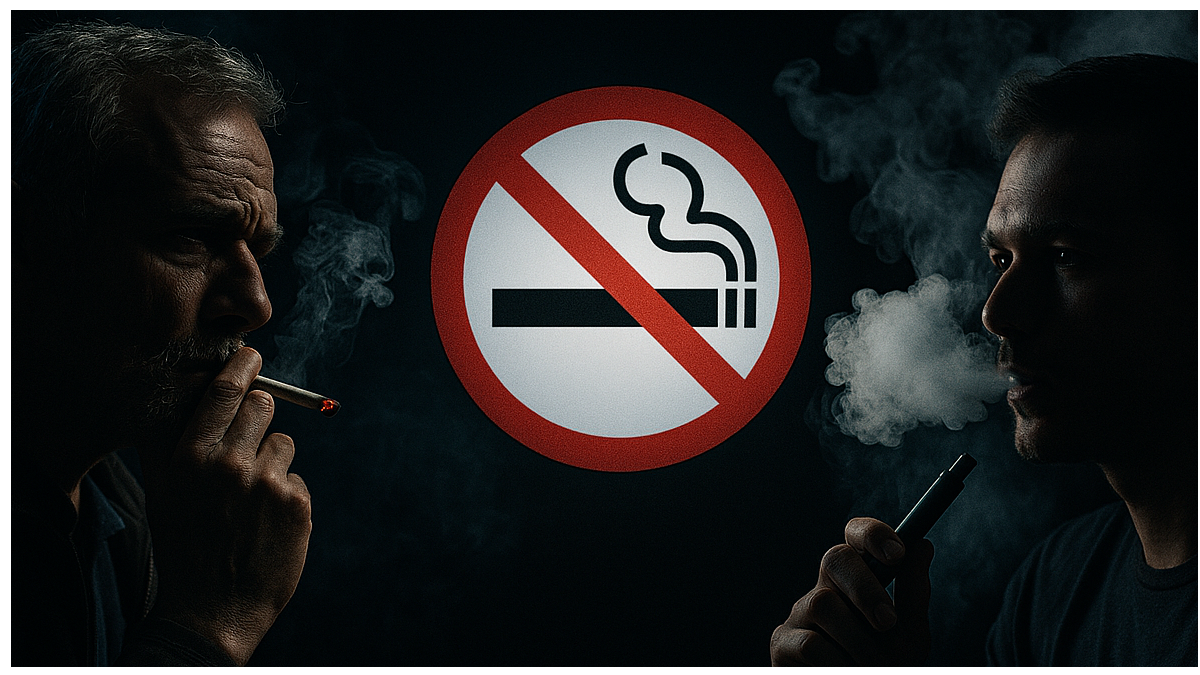 Pessoas fumando vape e cigarro na escuridão. Imagem gerada por IA.