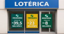 Fachada de casa lotérica exibe os maiores prêmios em jogo nas loterias da Caixa.