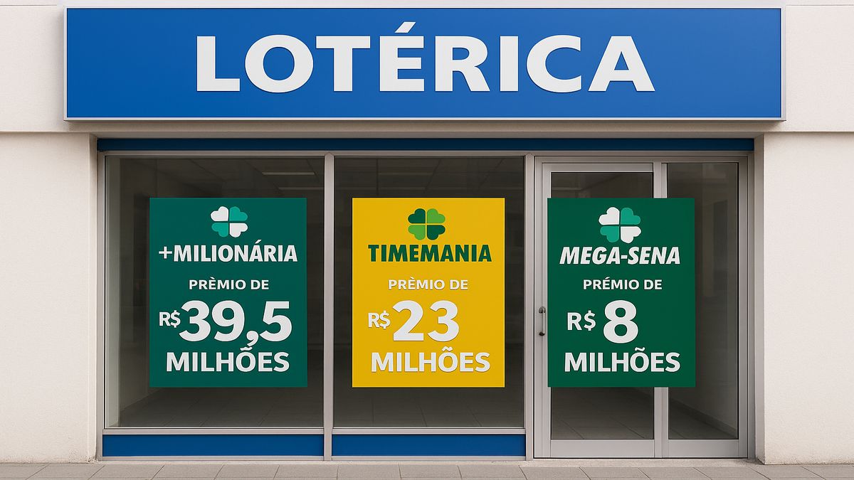 Fachada de casa lotérica exibe os maiores prêmios em jogo nas loterias da Caixa.