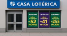 Fachada de casa lotérica mostra os maiores prêmios das loterias da Caixa na semana.