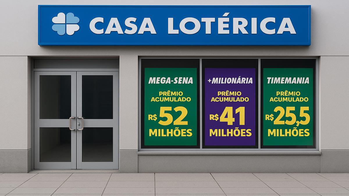 Fachada de casa lotérica mostra os maiores prêmios das loterias da Caixa na semana.