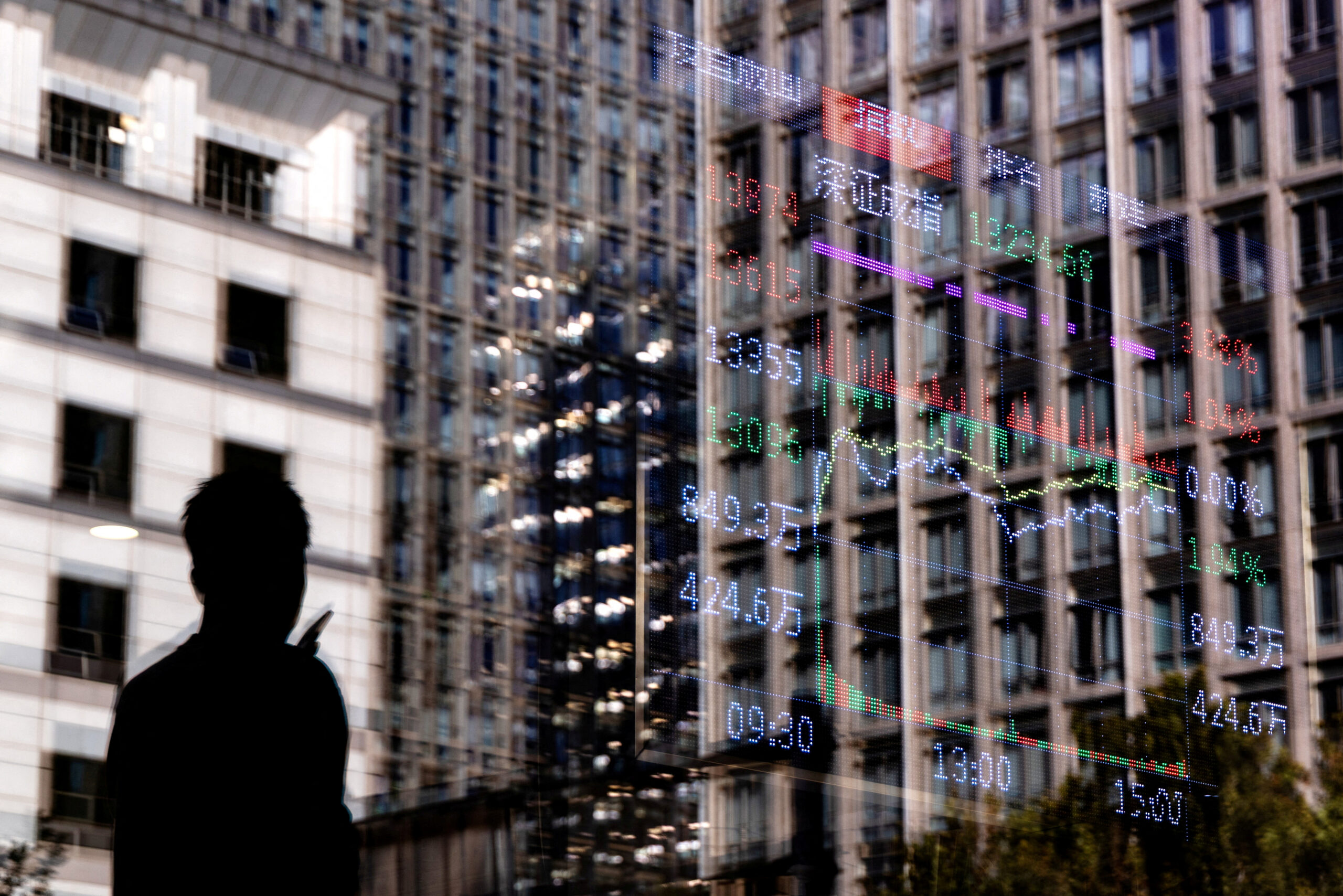 Homem passa em frente a uma corretora, enquanto um painel eletrônico exibe um gráfico com informações sobre o índice de ações, no Distrito Central de Negócios de Pequim, na China, em 13 de outubro de 2025